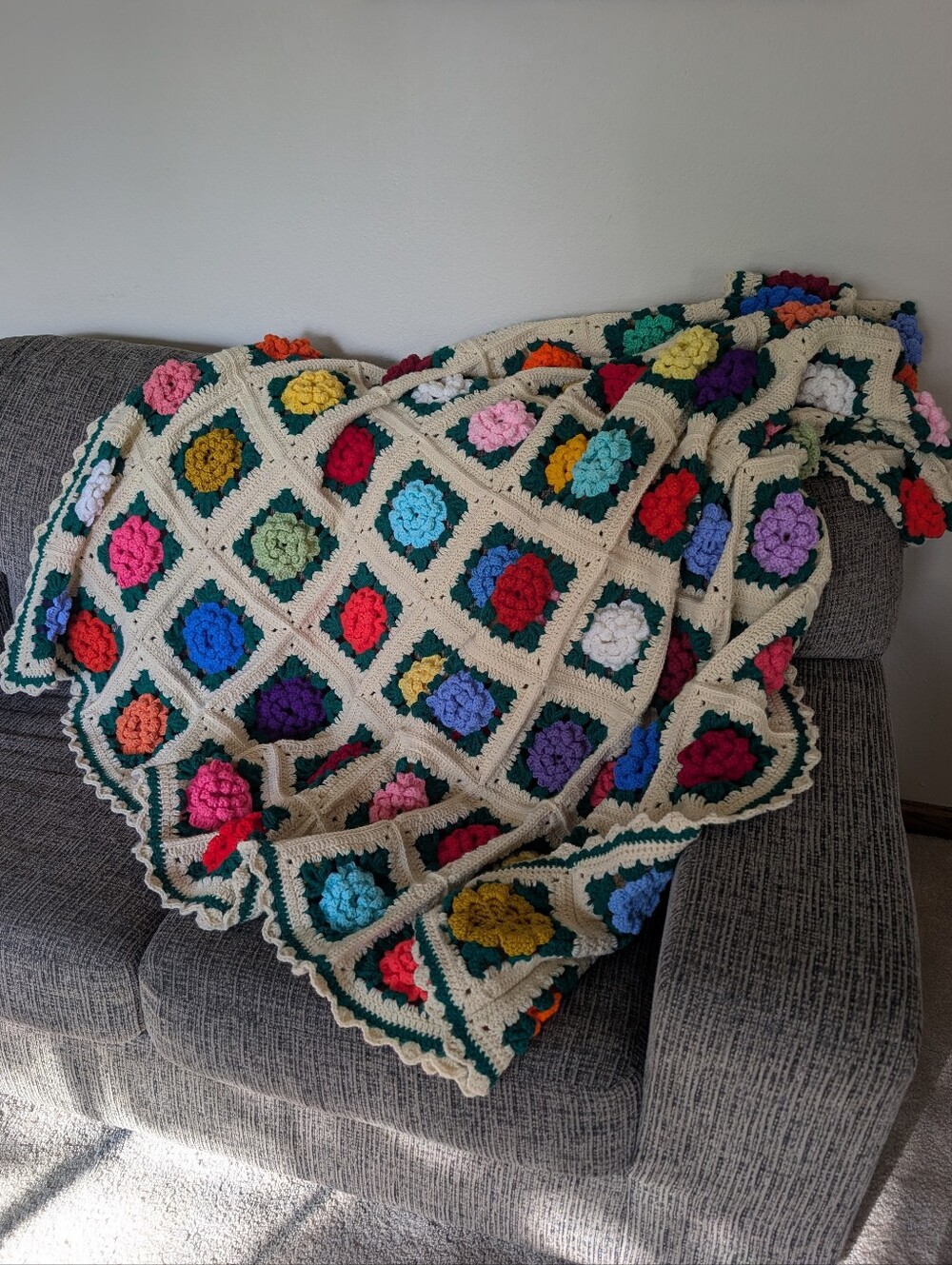 Vintage Granny Square 3D Rose Handmade Crochet Multicolor Afghan Blanket